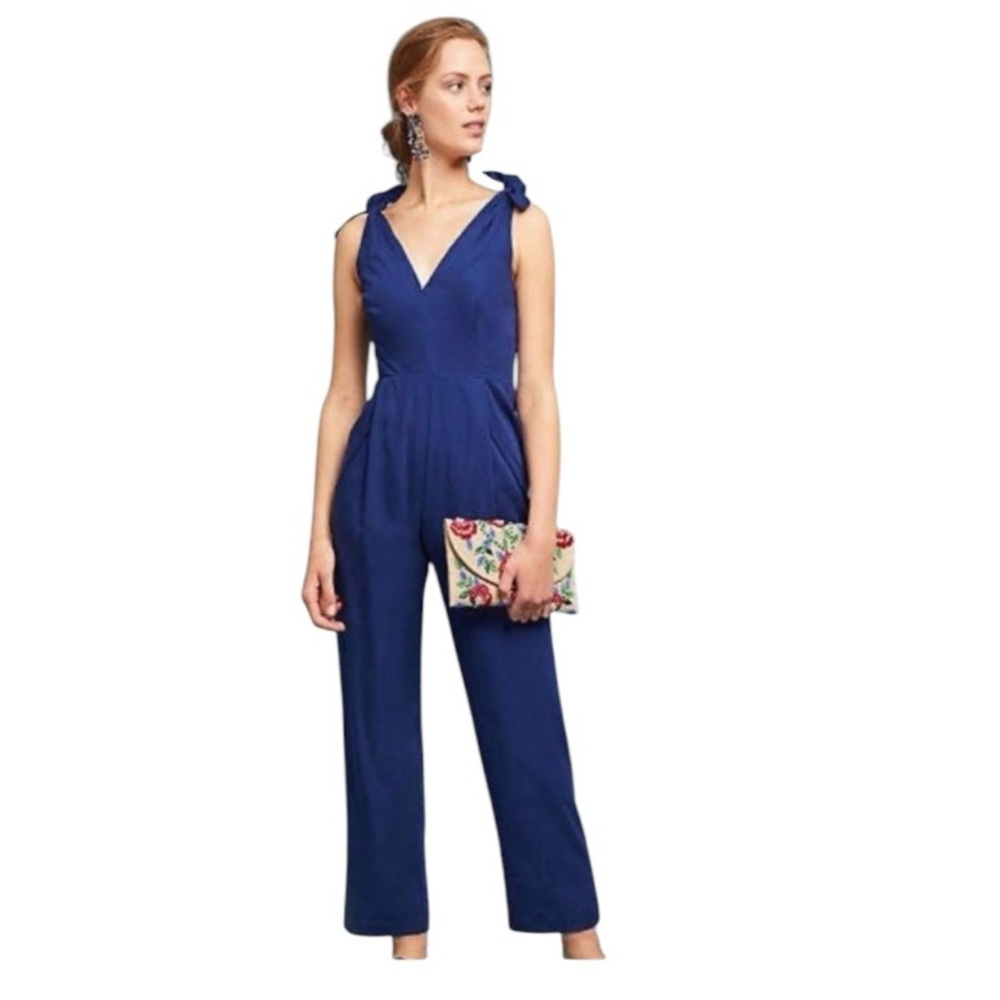 Tracy Reese X Anthroplogie Blue Jumpsuit Pants Tie Bow Sleeves Ankle Size 10